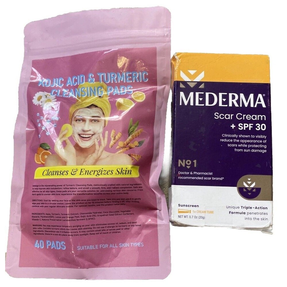 Kojic Acid Tumeric Cleansing Pads 40 Mederma Scar Cream 0.7 oz Sunscreen SPF 30
